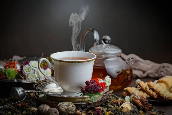 Tea Hot Drink Old Background Composition Table — Stock Photo, Image