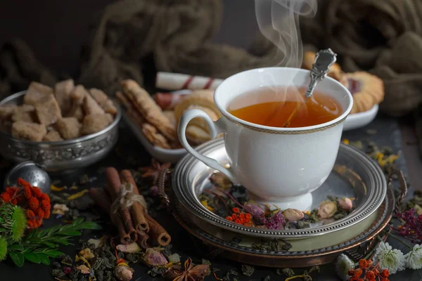 Чай Горячий Напиток Старом Фоне Композиции Столе — стоковое фото