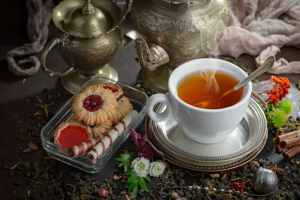 Hot Tea Cup Old Background — Stock Photo, Image