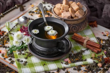 Eski bir arka planda, fincanda çay