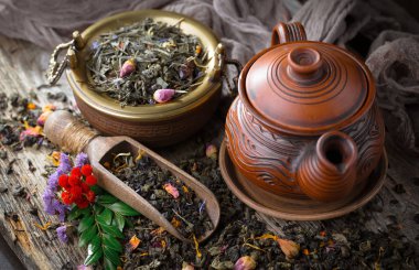 Eski bir arka planda, fincanda çay