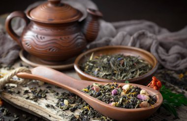 Eski bir arka planda, fincanda çay