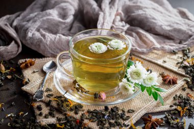 Eski bir arka planda, fincanda çay