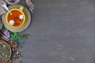 Eski bir arka planda, fincanda çay