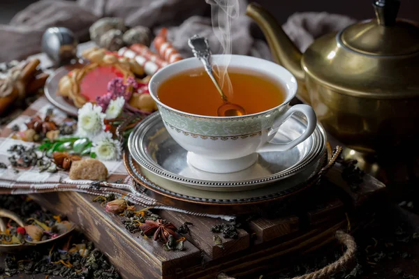 Чай Чашці Старому Тлі — стокове фото