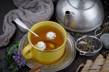 Eski bir arka planda, fincanda çay