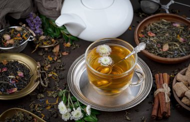 Eski bir arka planda, fincanda çay