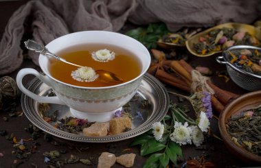 Eski bir arka planda, fincanda çay