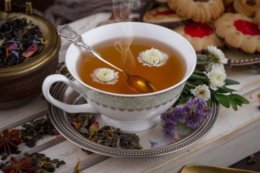 Eski bir arka planda, fincanda çay