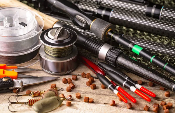 Fishing Rods Spinnings Composition Accessories Fishing Old Background Table — Stock Photo, Image