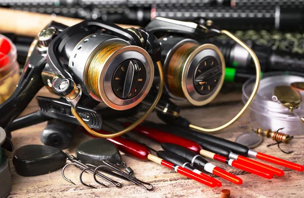 Fishing Rods Spinnings Composition Accessories Fishing Old Background Table — Stock Photo, Image