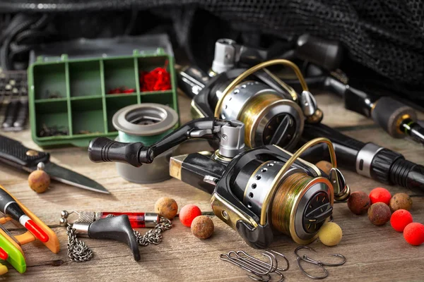 Spinning Fishing Rods Old Background — Stock Photo, Image