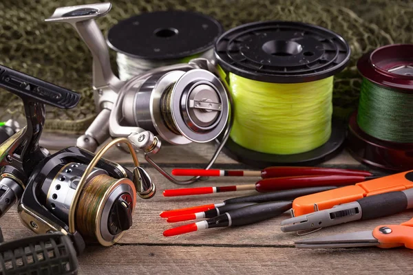 Spinning Fishing Rods Old Background — Stock Photo, Image