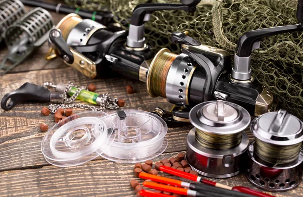 Fishing Tackle Wooden Table — Stock Photo, Image