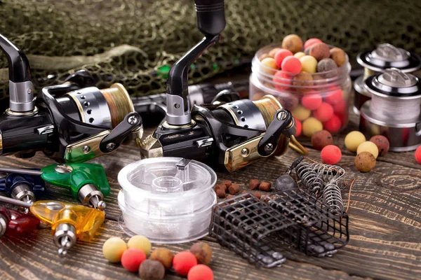 Fishing Tackle Wooden Table — Stock Photo, Image