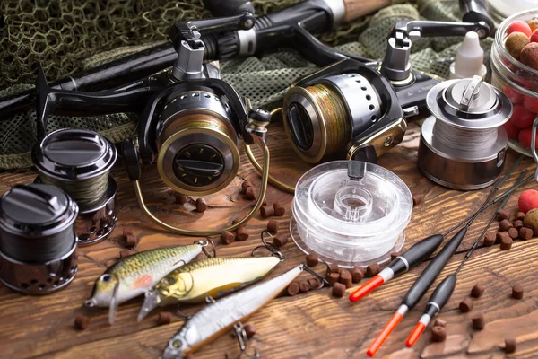 Fishing Rods Spinnings Composition Accessories Fishing Old Background Table — Stock Photo, Image