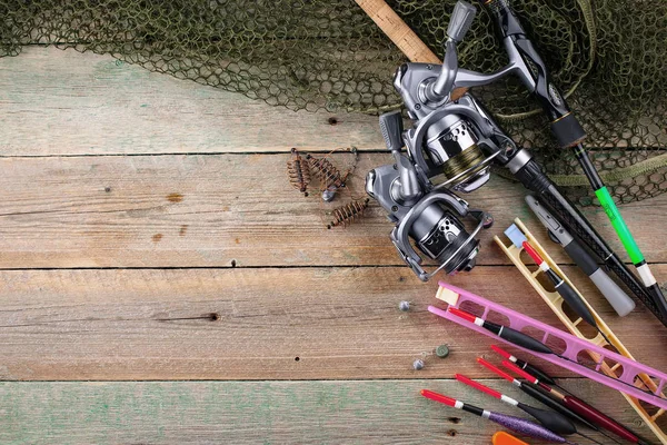 Attrezzatura Pesca Tavolo Legno — Foto Stock