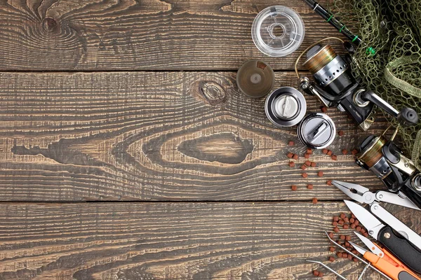 Aparejo Pesca Una Mesa Madera — Foto de Stock