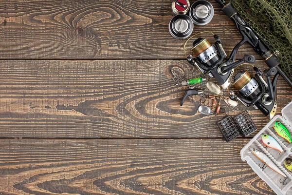 Aparejo Pesca Una Mesa Madera — Foto de Stock