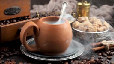 Eski bir fonda buharlı sıcak kahve..