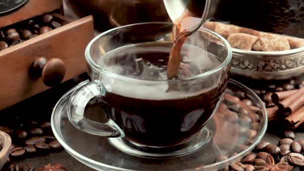 Hot Coffee Poured Coffee Maker Cup — Stock Video