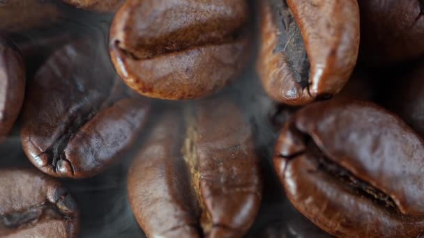 Roasted Coffee Beans Mixed Spoon Smoke Pan — Stock Video