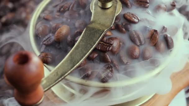 Kavrulmuş Kahve Çekirdekleri Kahve Öğütücüsünde Yavaşça Tütüyor — Stok video