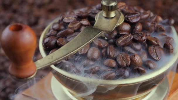 Kavrulmuş Kahve Çekirdekleri Kahve Öğütücüsünde Yavaşça Tütüyor — Stok video