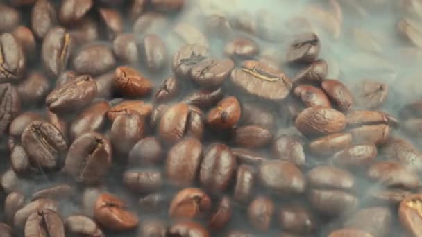 Geröstete Kaffeebohnen Mit Rauch Der Pfanne — Stockvideo