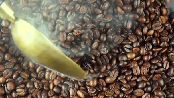 Granos Café Tostados Con Humo Una Sartén — Vídeo de stock