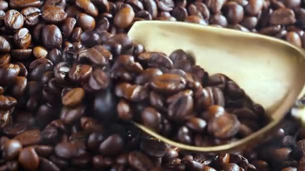 Los Granos Café Tostados Mezclan Con Una Cuchara Con Humo — Vídeo de stock