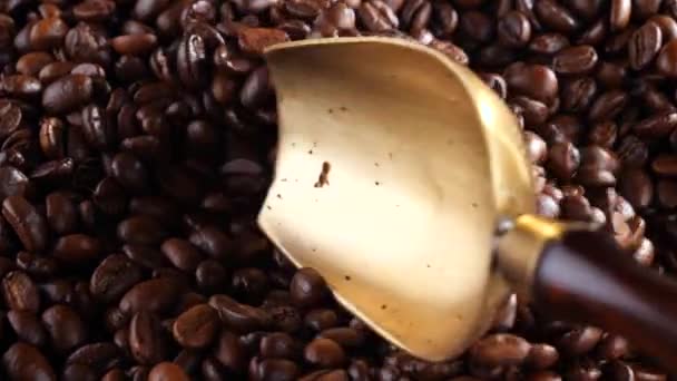 Los Granos Café Tostados Mezclan Con Una Cuchara Con Humo — Vídeos de Stock
