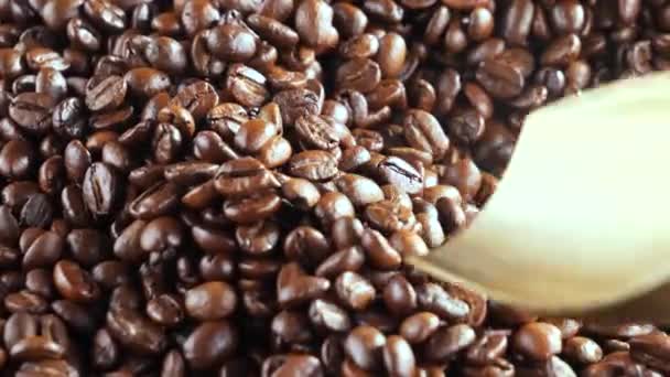Pieczone Ziarna Kawy Mieszane Łyżką Dymem Patelni — Wideo stockowe