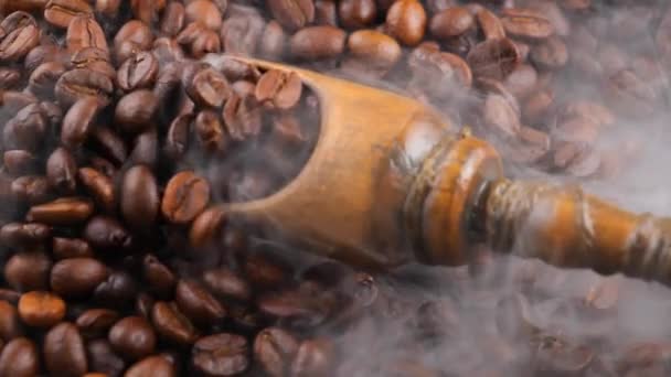 Roasted Coffee Beans Mixed Spoon Smoke Pan — Stock Video