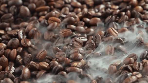 Rostade Kaffebönor Med Rök Kastrull — Stockvideo