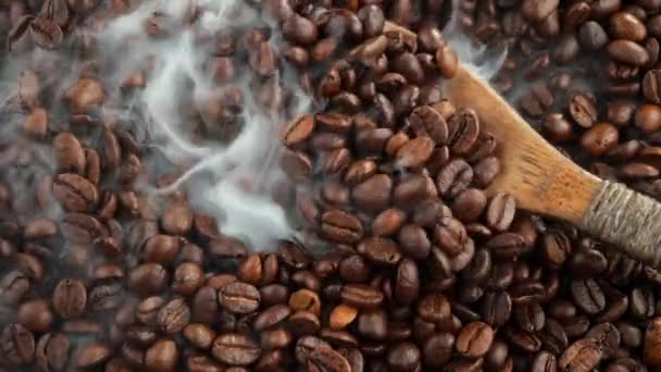 Roasted Coffee Beans Mixed Spoon Smoke Pan — Stock Video