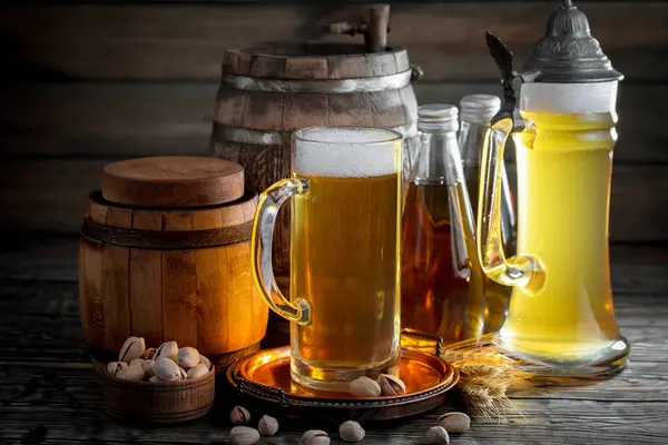 Light Beer Glass Table Composition Accessories Old Background — Stock Photo, Image