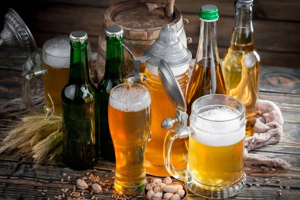 Light Beer Glass Table Composition Accessories Old Background — Stock Photo, Image
