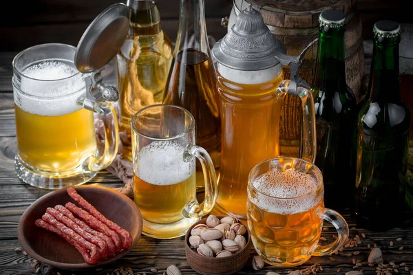 Light Beer Glass Table Composition Accessories Old Background — Stock Photo, Image