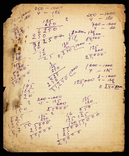 Hoja de papel forrado antiguo con cálculos y bordes sucios — Foto de Stock