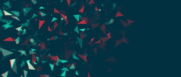 Futuristic abstract particles background. Flying triangles and other geometric shapes