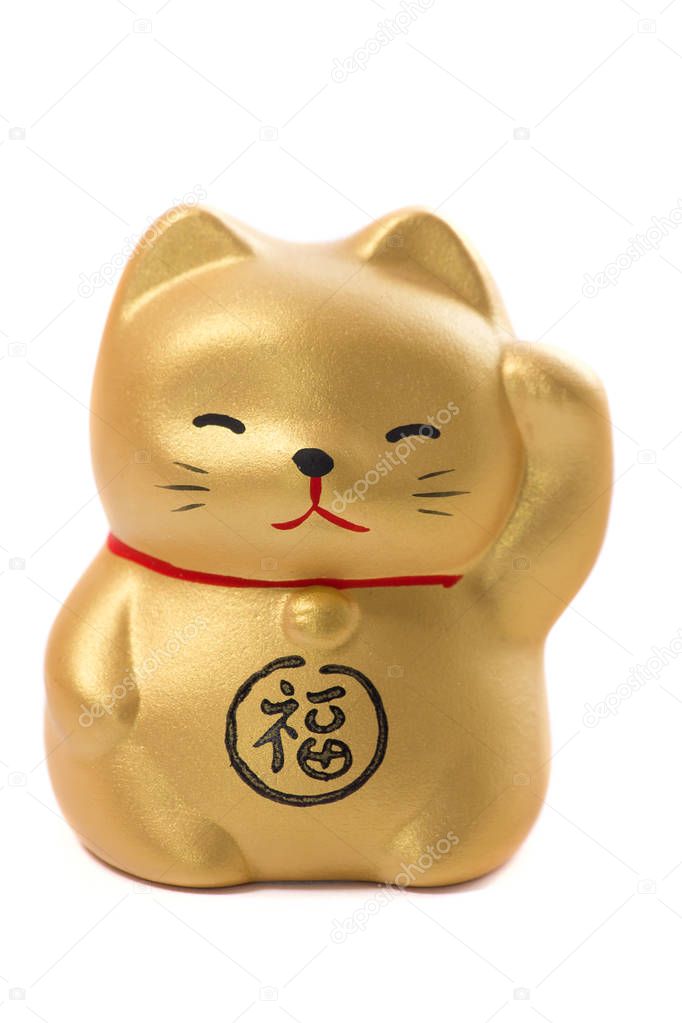 Golden japanese fat cat ceramic on white background