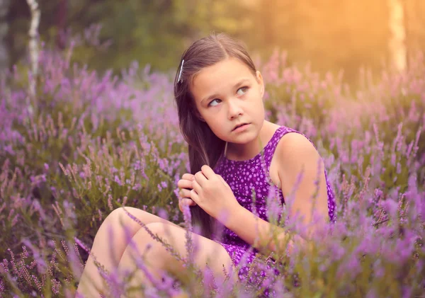 Girl in heather flowers — Stock Photo, Image