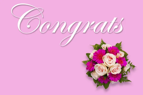 Güzel pembe Güllü romantik çiçek Congrats kartı ve çiçek buketi — Stok fotoğraf