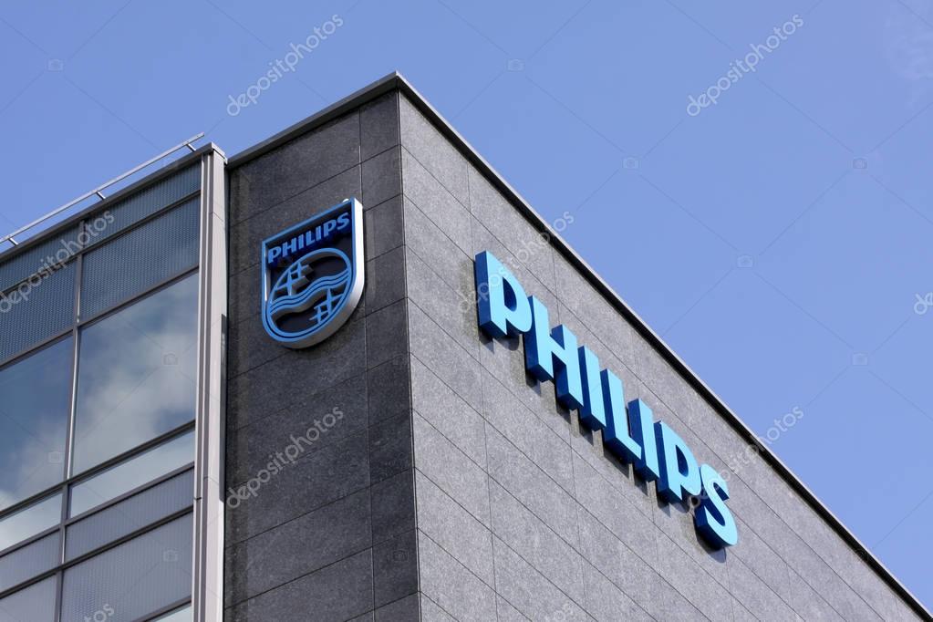 Philips company logo sign. Philips is a Dutch technology company headquartered in Amsterdam with primary divisions focused in the areas of electronics, health care and lighting. Copenhagen, Denmark, August 22, 2017.