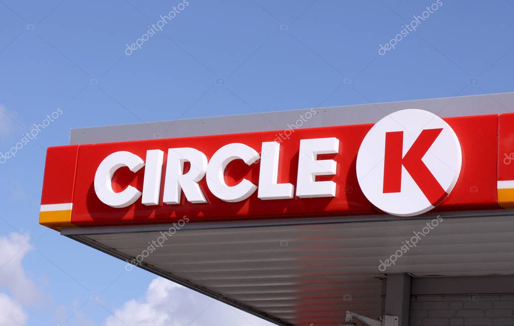 Sign and logo of international chain of gas stations, Circle K. Copenhagen, Denmark, August 22, 2017.
