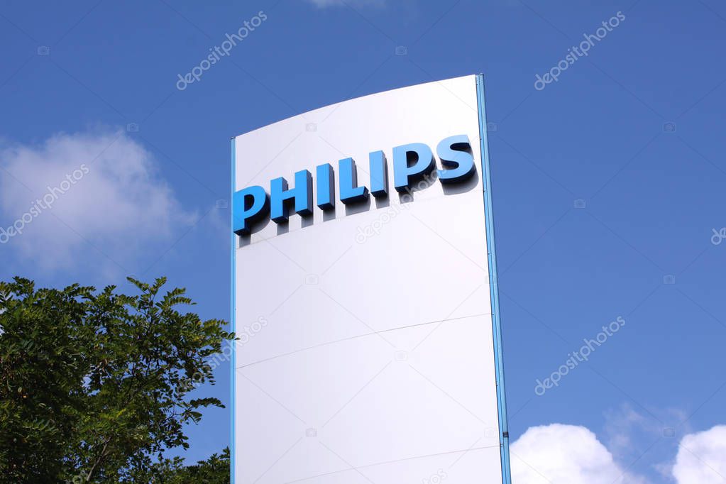 Philips company logo sign. Philips is a Dutch technology company headquartered in Amsterdam with primary divisions focused in the areas of electronics, health care and lighting. Copenhagen, Denmark, August 22, 2017.