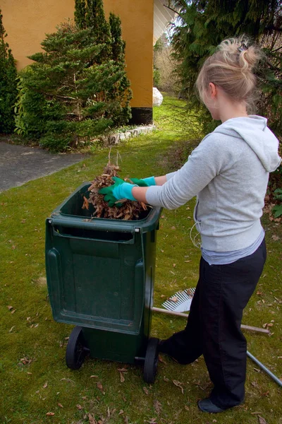 Menina com luvas de jardim limpando o jardim de outono e colocando folhas mortas secas em uma lixeira ecológica verde — Fotografia de Stock