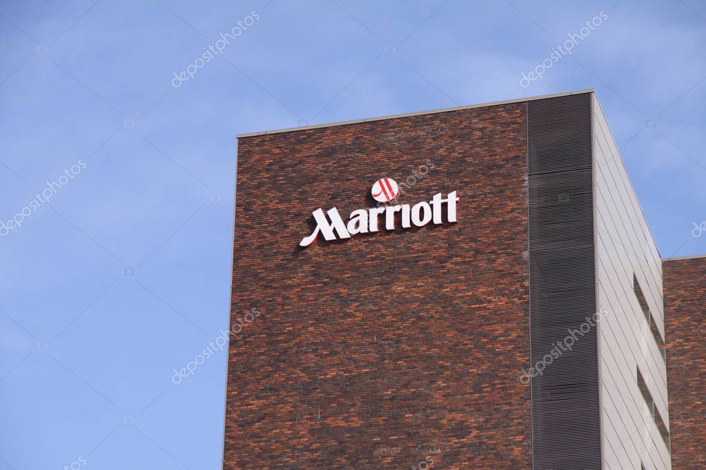 Marriott Hotel logo sign on building. Marriott Hotel is an American multinational hospitality company. Marriott International, Inc. is a leading global lodging company with more than 6,000 properties in 122 countries and territories. Copenhagen Octob