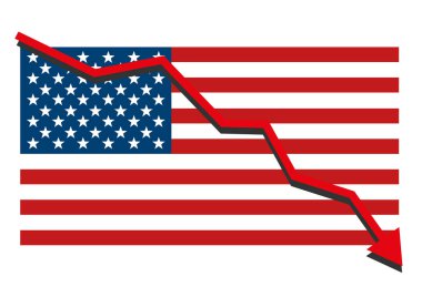 Amerikan Usa bayrak kırmızı ok grafik ekonomik durgunluk ve hisse düşüş gösteren aşağı gidiyor. İzole vektör çizim.
